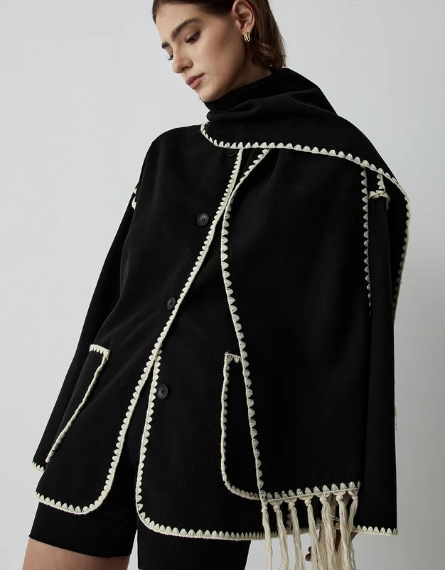 Black & White Contrast Trim Jacket With Matching Scarf