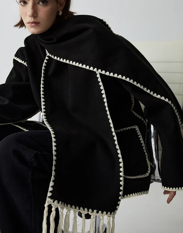 Black & White Contrast Trim Jacket With Matching Scarf