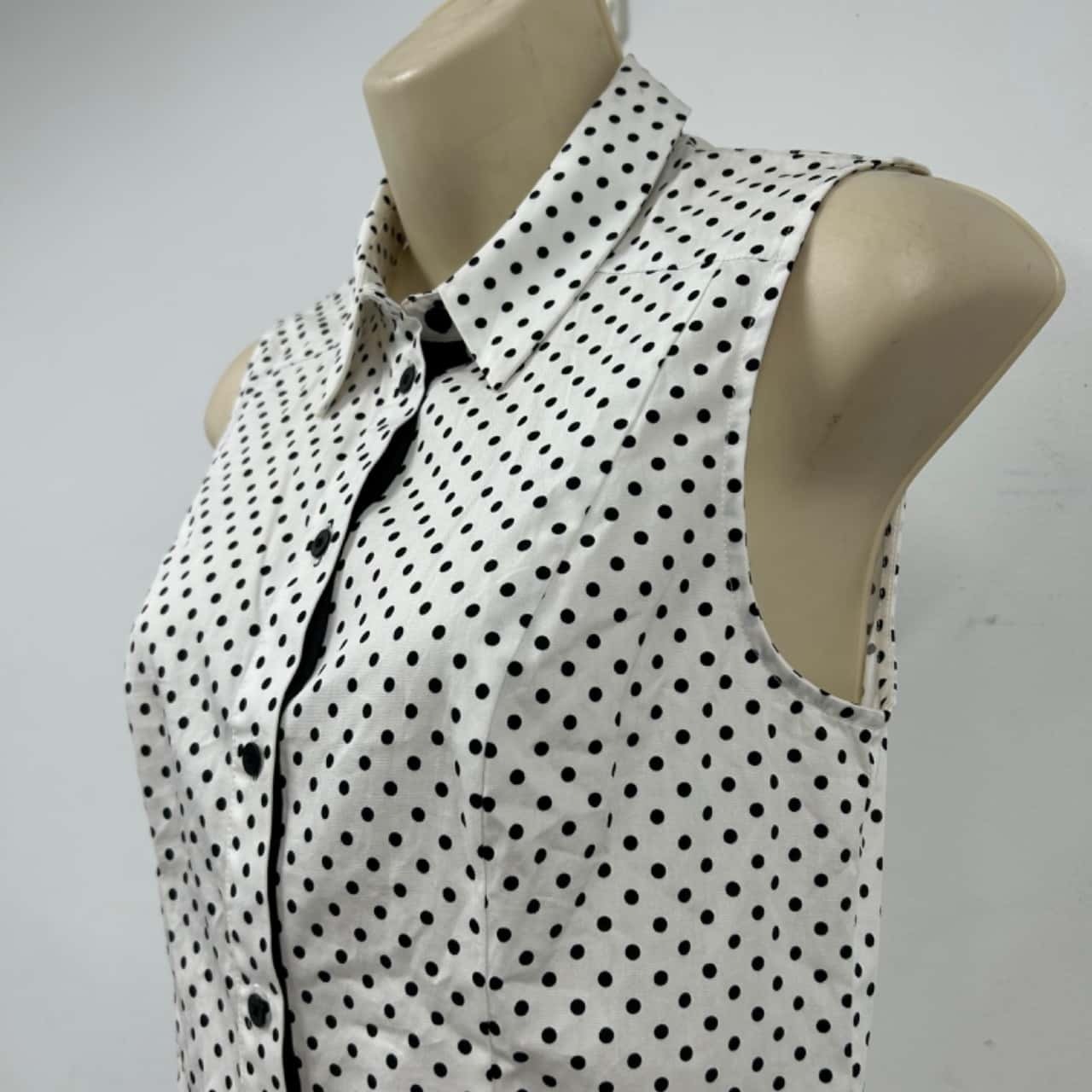 Polka Dot Cotton Button Up Collared Sleeveless Shirt Peplum