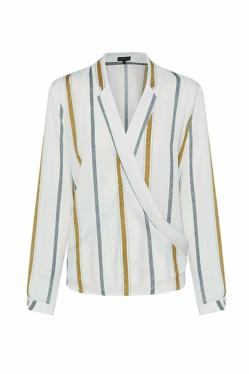 White Gold Stripe Draped Collared Shirt Blouse Top