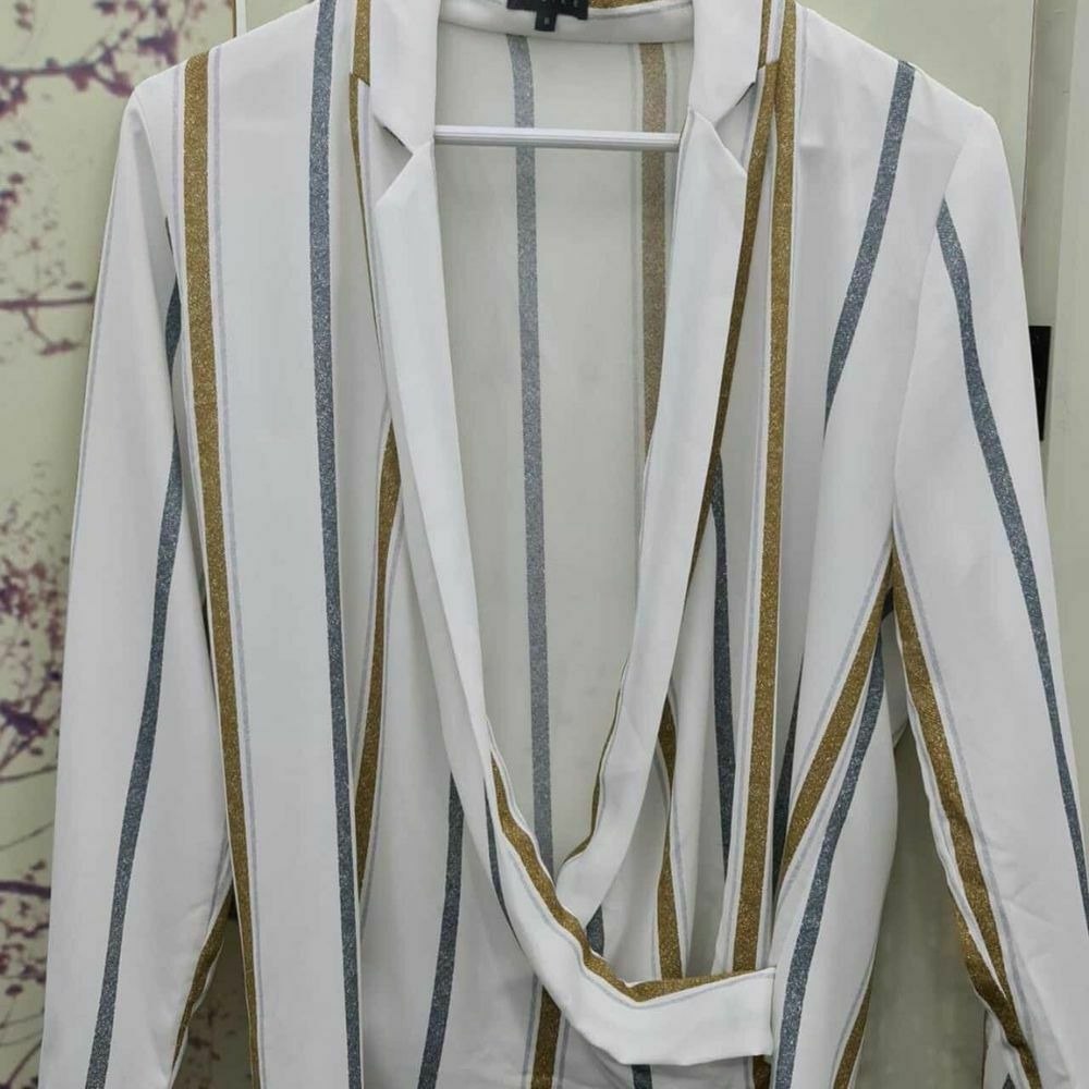 White Gold Stripe Draped Collared Shirt Blouse Top
