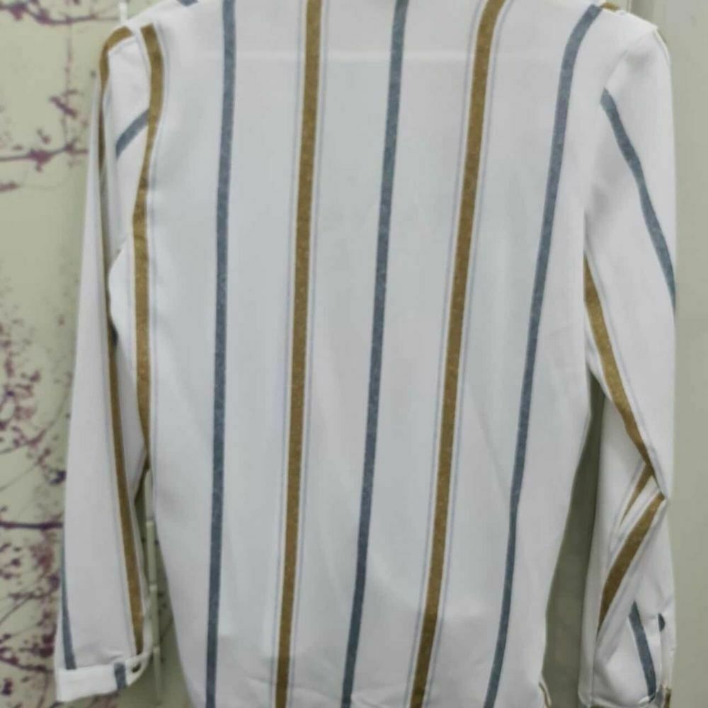 White Gold Stripe Draped Collared Shirt Blouse Top