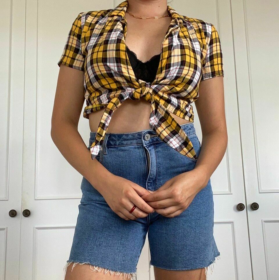 Keidis 90s Plaid Yellow Black Tie Front Crop Top XS