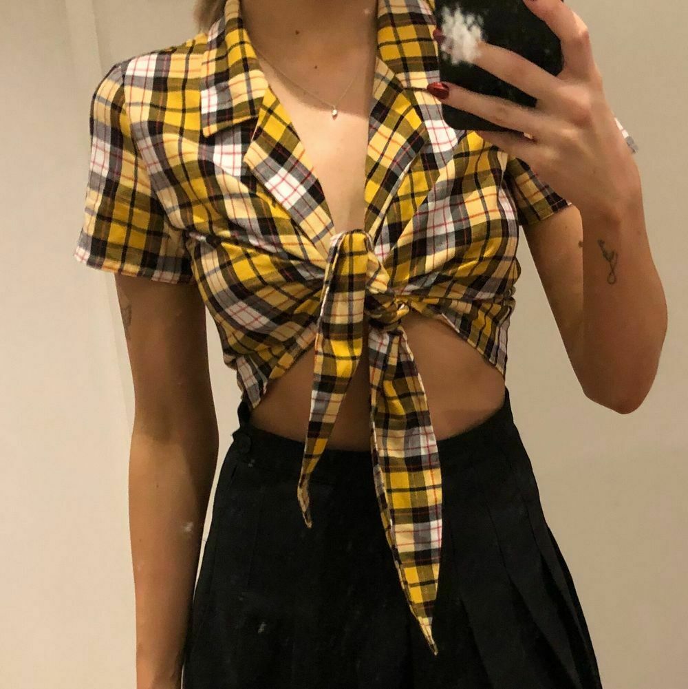 Keidis 90s Plaid Yellow Black Tie Front Crop Top XS
