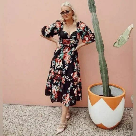 Floral Baby Dee Tiered Puff Sleeve Cotton Midi Dress RRP$395