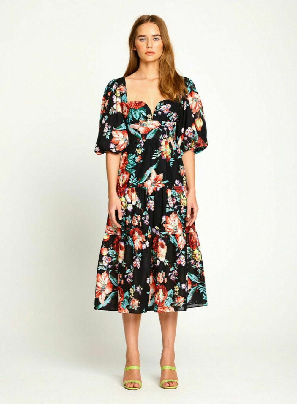 Floral Baby Dee Tiered Puff Sleeve Cotton Midi Dress RRP$395