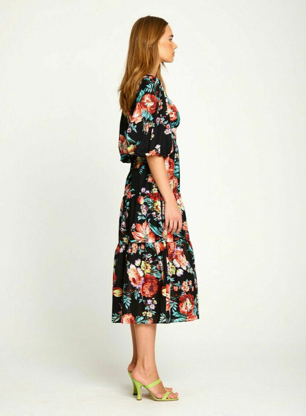 Floral Baby Dee Tiered Puff Sleeve Cotton Midi Dress RRP$395