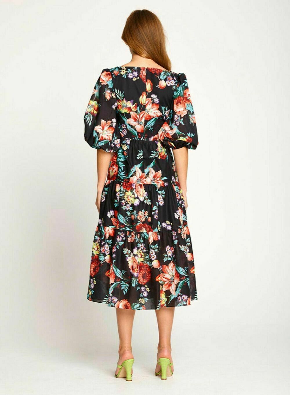 Floral Baby Dee Tiered Puff Sleeve Cotton Midi Dress RRP$395