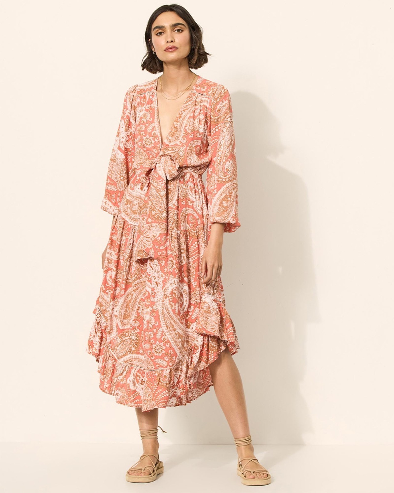 Casablanca Tie Front Long Sleeve Midi Dress