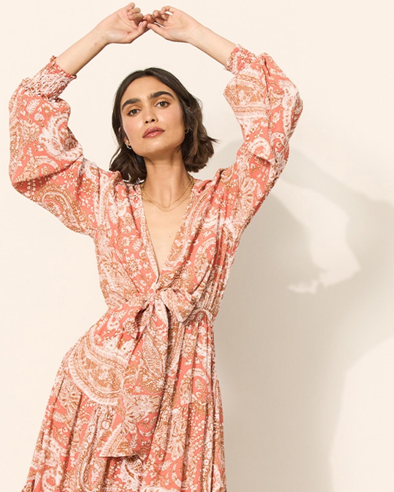 Casablanca Tie Front Long Sleeve Midi Dress