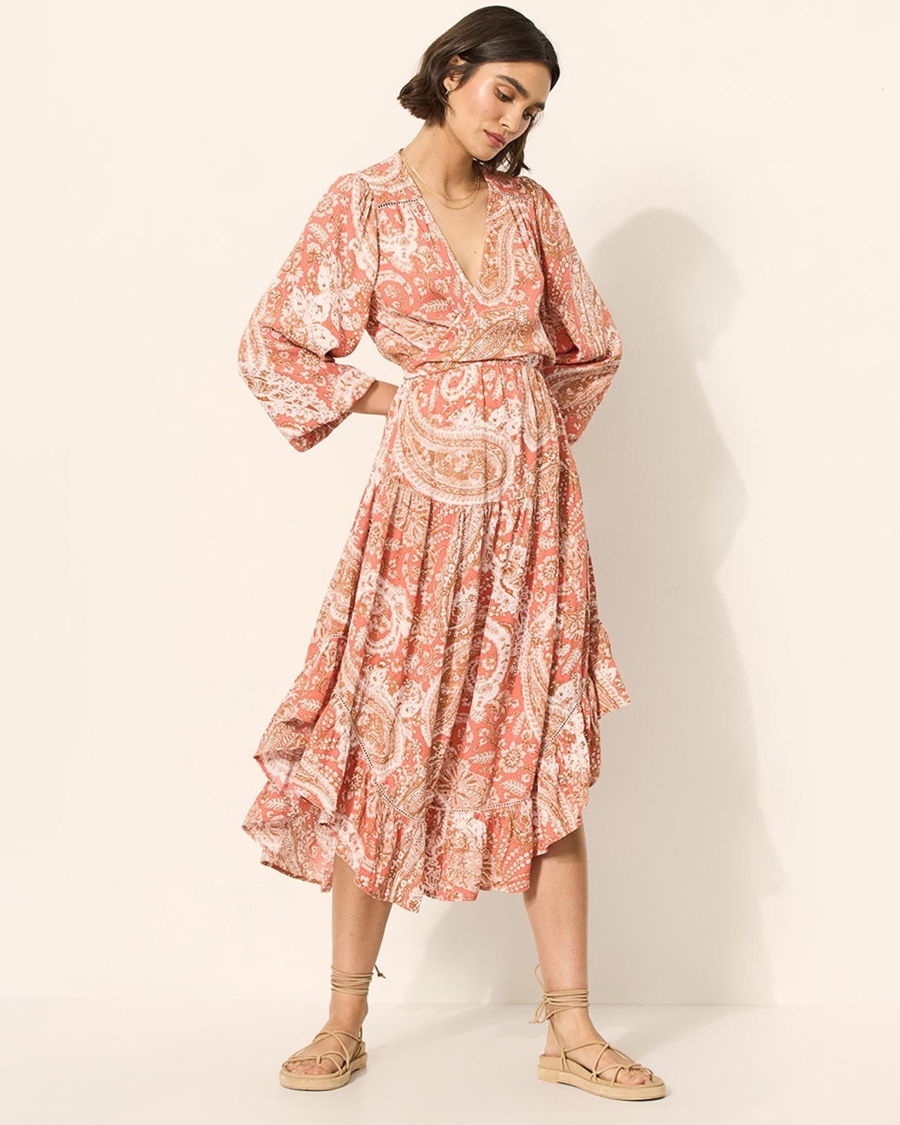 Casablanca Tie Front Long Sleeve Midi Dress