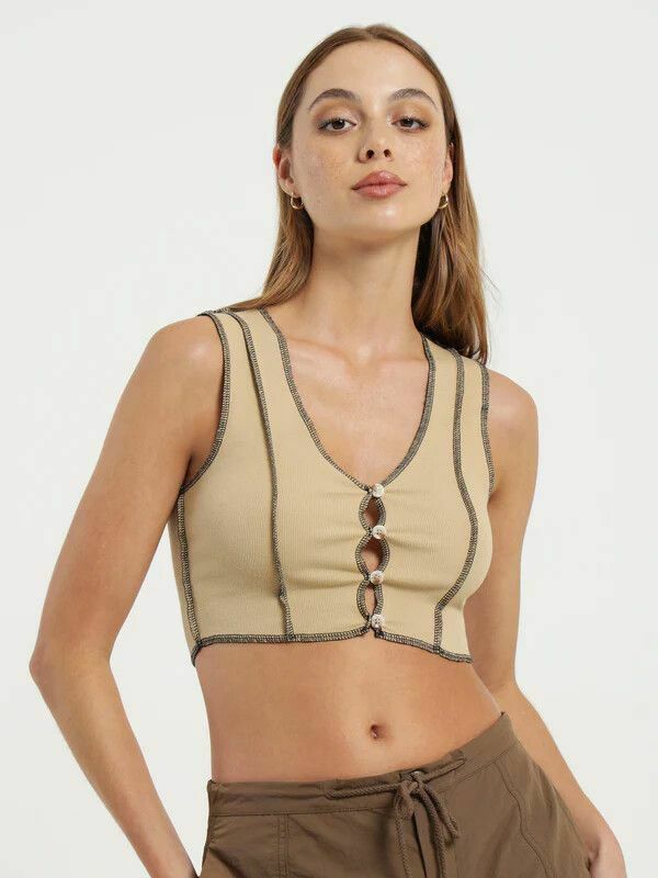 Lucia Button Front Vest Crop Top in Desert NWT
