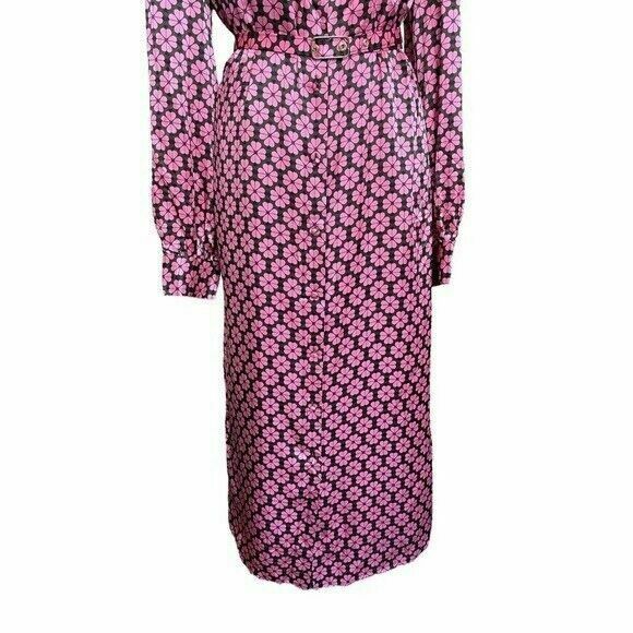  Silk Long Sleeve Pink Spade Flower Ruffle Shirt Dress