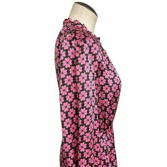  Silk Long Sleeve Pink Spade Flower Ruffle Shirt Dress