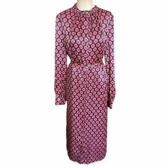  Silk Long Sleeve Pink Spade Flower Ruffle Shirt Dress