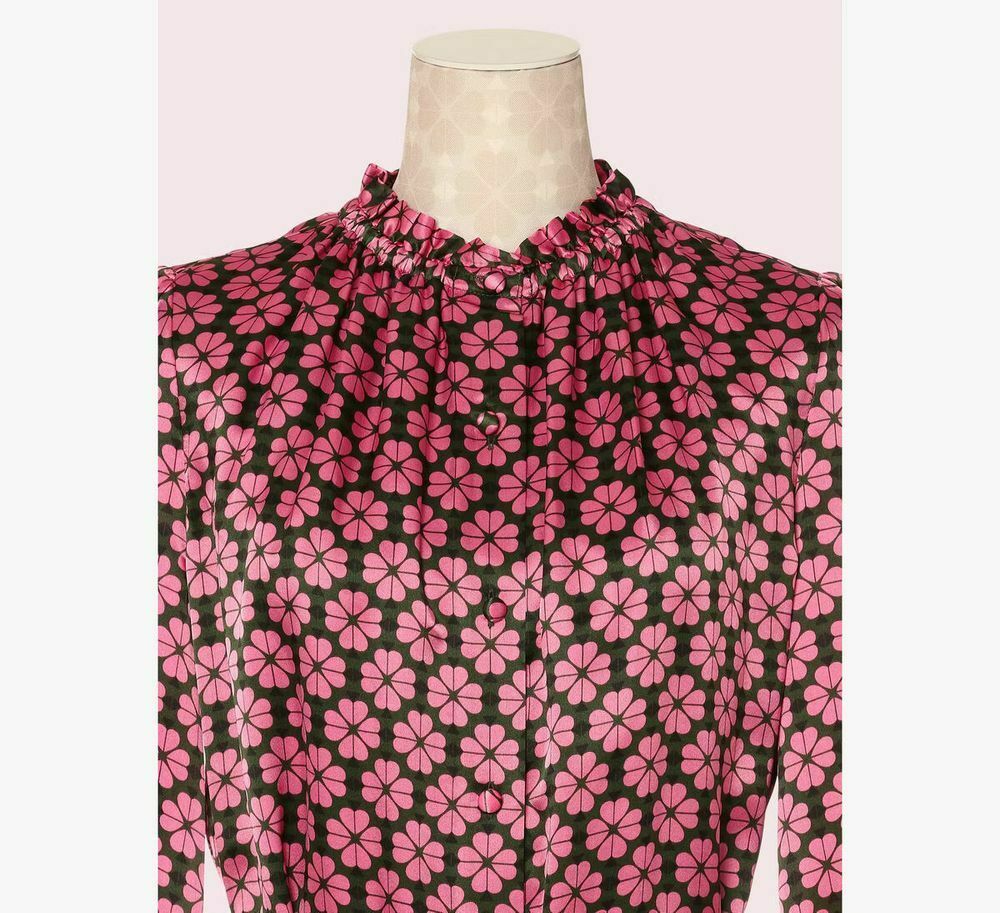  Silk Long Sleeve Pink Spade Flower Ruffle Shirt Dress