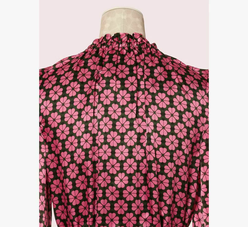  Silk Long Sleeve Pink Spade Flower Ruffle Shirt Dress