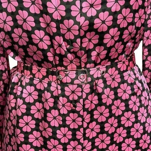  Silk Long Sleeve Pink Spade Flower Ruffle Shirt Dress