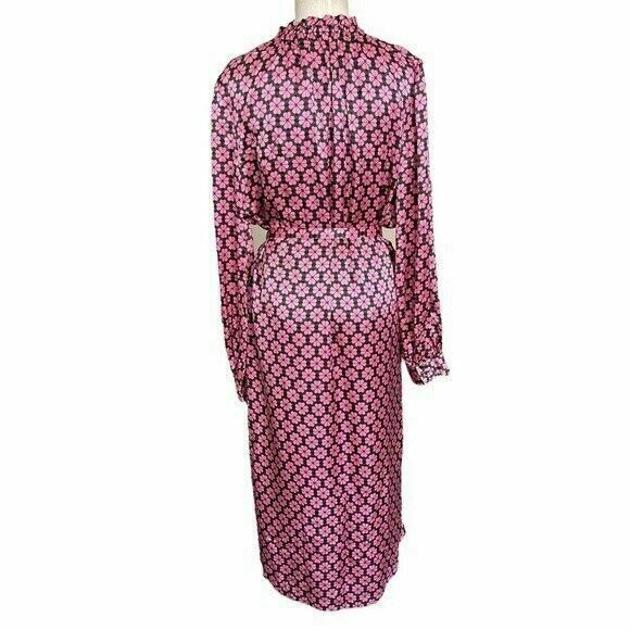  Silk Long Sleeve Pink Spade Flower Ruffle Shirt Dress