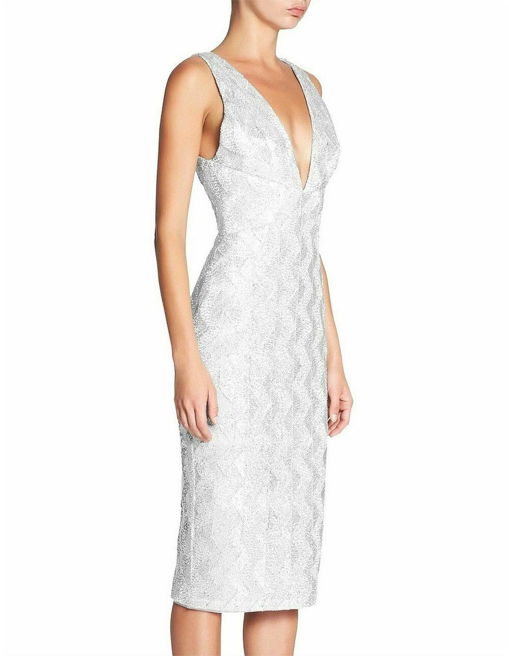 No Filter Plunge Neck Silver Pencil Midi Dress