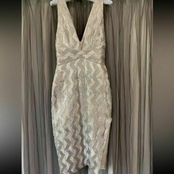 No Filter Plunge Neck Silver Pencil Midi Dress