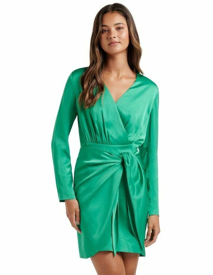 Ava Satin Sarong Shamrock Green Mini Dress NWT