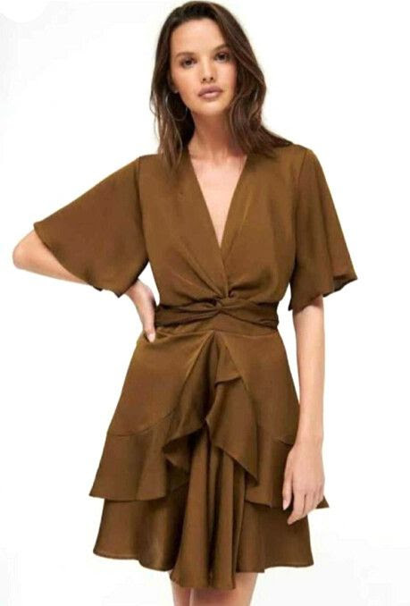 Clio Brown Bronze Ruffle Hem Mini Dress NWT