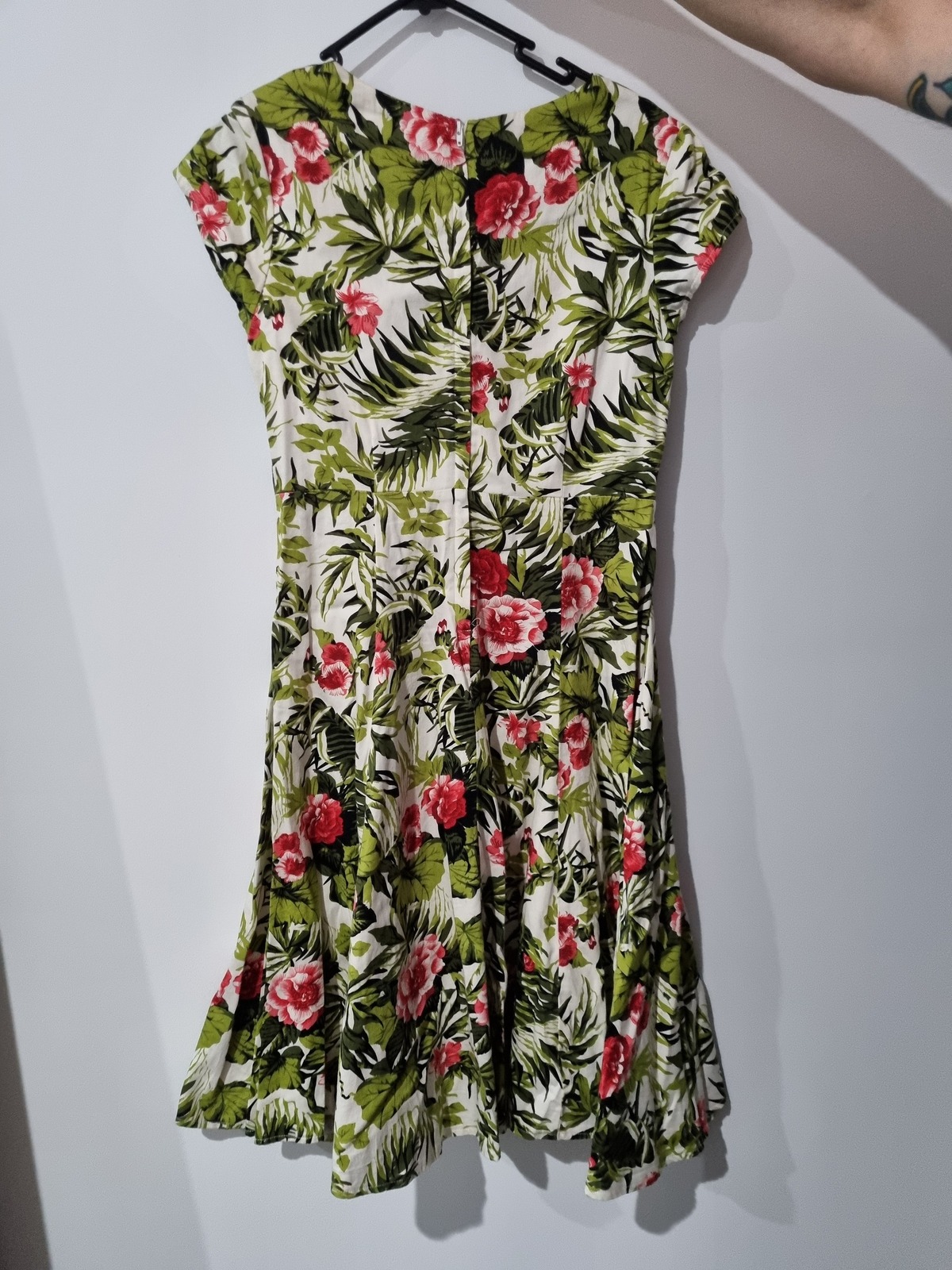 Retro white dress with green and pink floral print