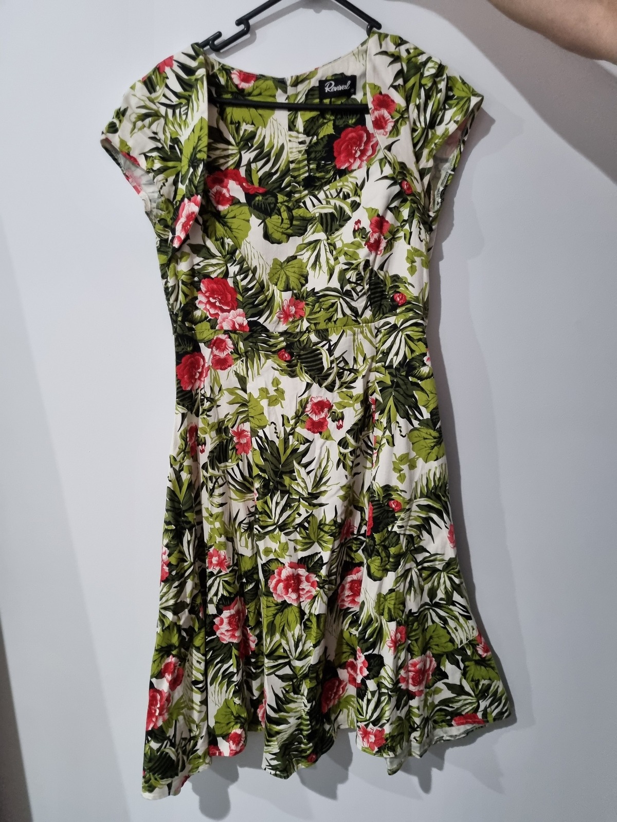 Retro white dress with green and pink floral print