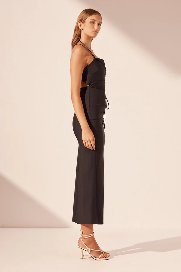 lani draped cross back midi dress - black