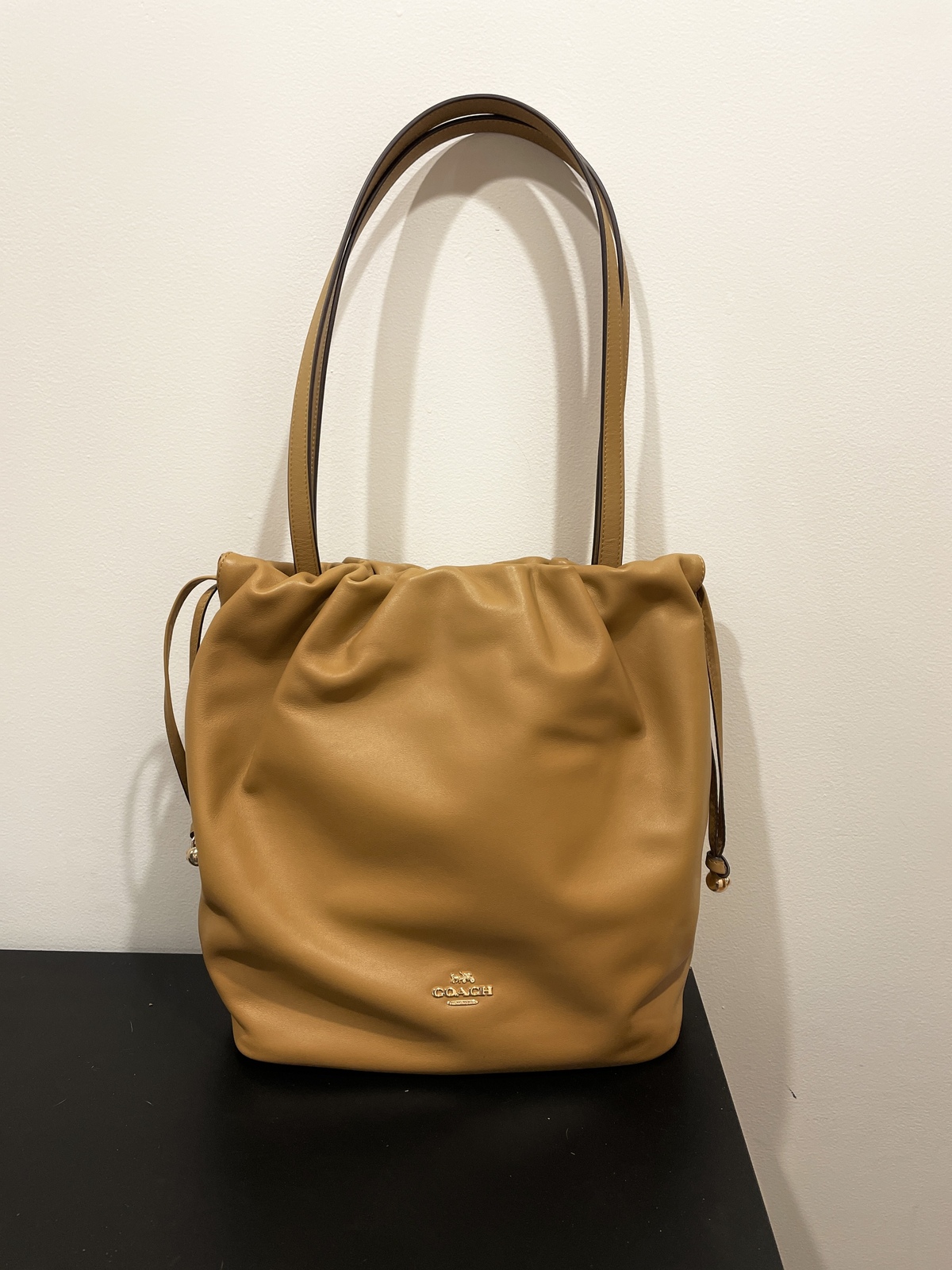 Faye Drawstring Tote Bag in Honey Brown