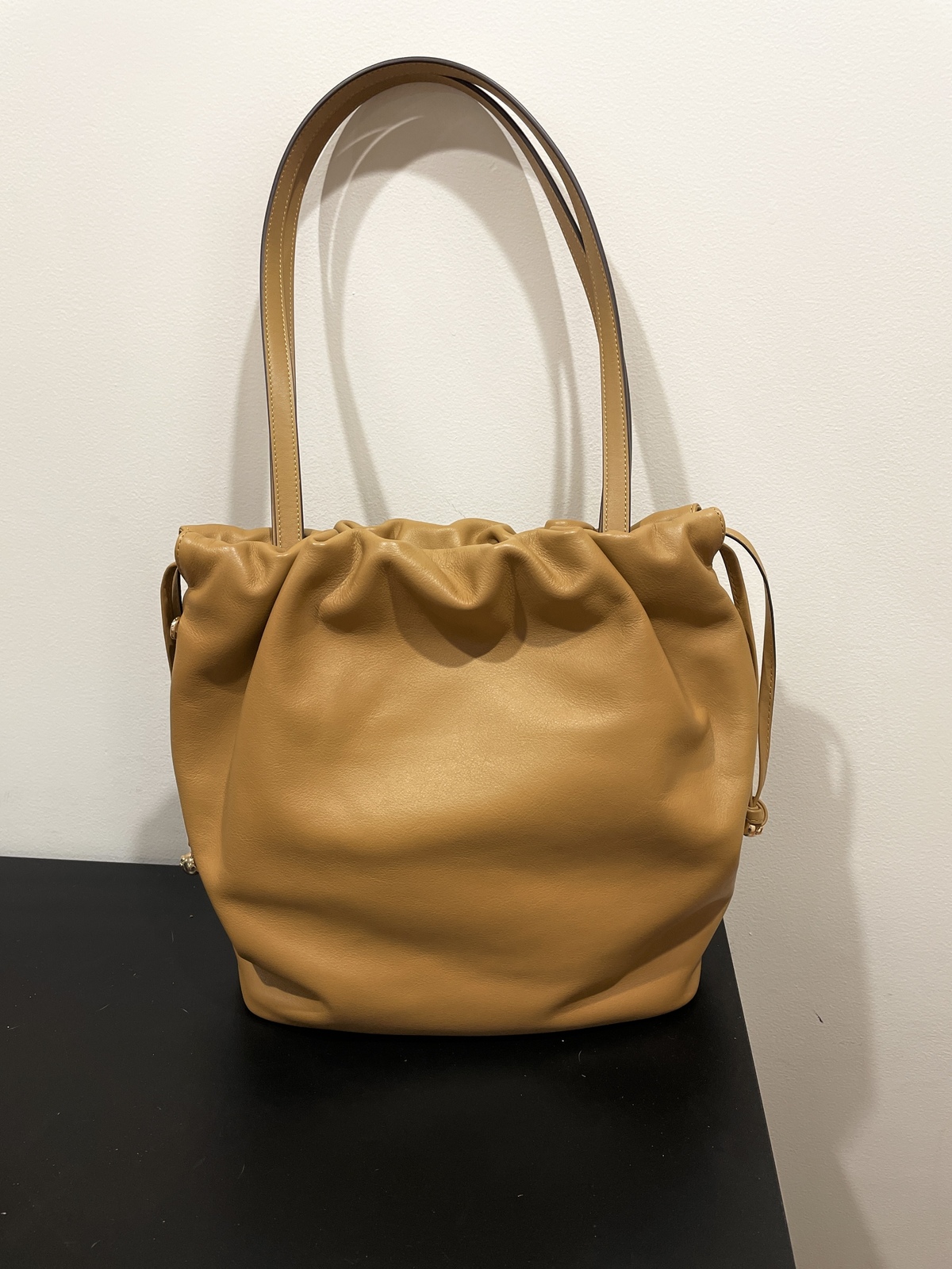 Faye Drawstring Tote Bag in Honey Brown