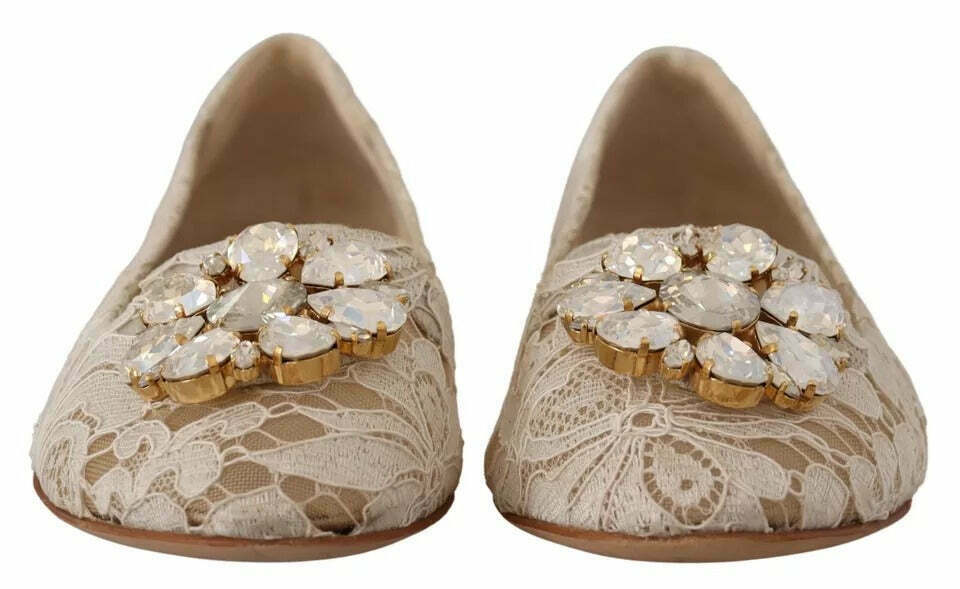 Dolce & Gabbana Lace Ballerina Flats Beige Crystal Brooch - Beige / 34 EU