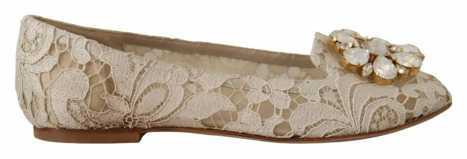 Dolce & Gabbana Lace Ballerina Flats Beige Crystal Brooch - Beige / 34 EU
