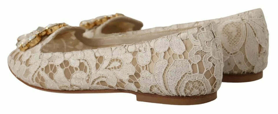 Dolce & Gabbana Lace Ballerina Flats Beige Crystal Brooch - Beige / 34 EU