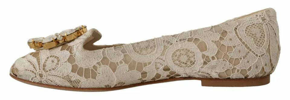 Dolce & Gabbana Lace Ballerina Flats Beige Crystal Brooch - Beige / 34 EU