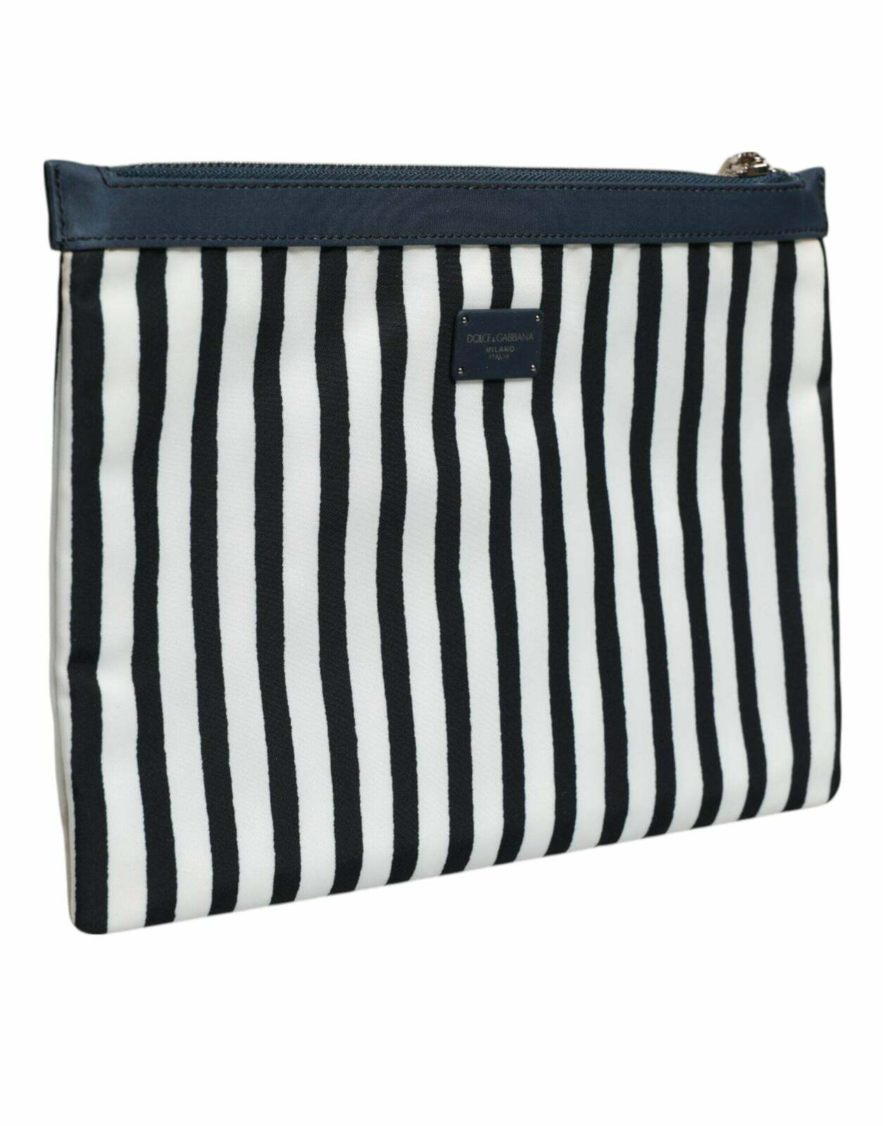 Striped Logo Plaque Clutch Pouch Bag - Black and White / One Size