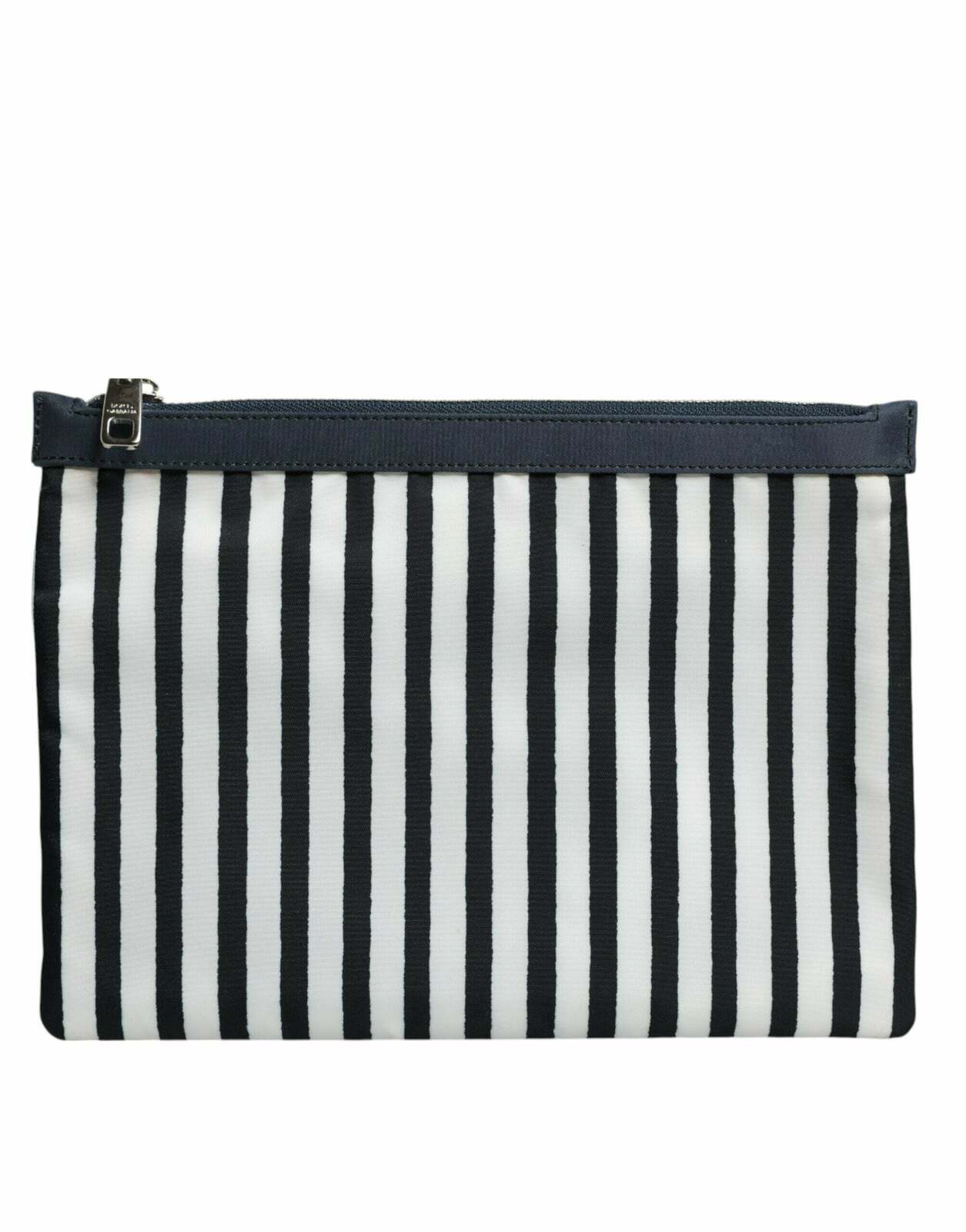 Striped Logo Plaque Clutch Pouch Bag - Black and White / One Size