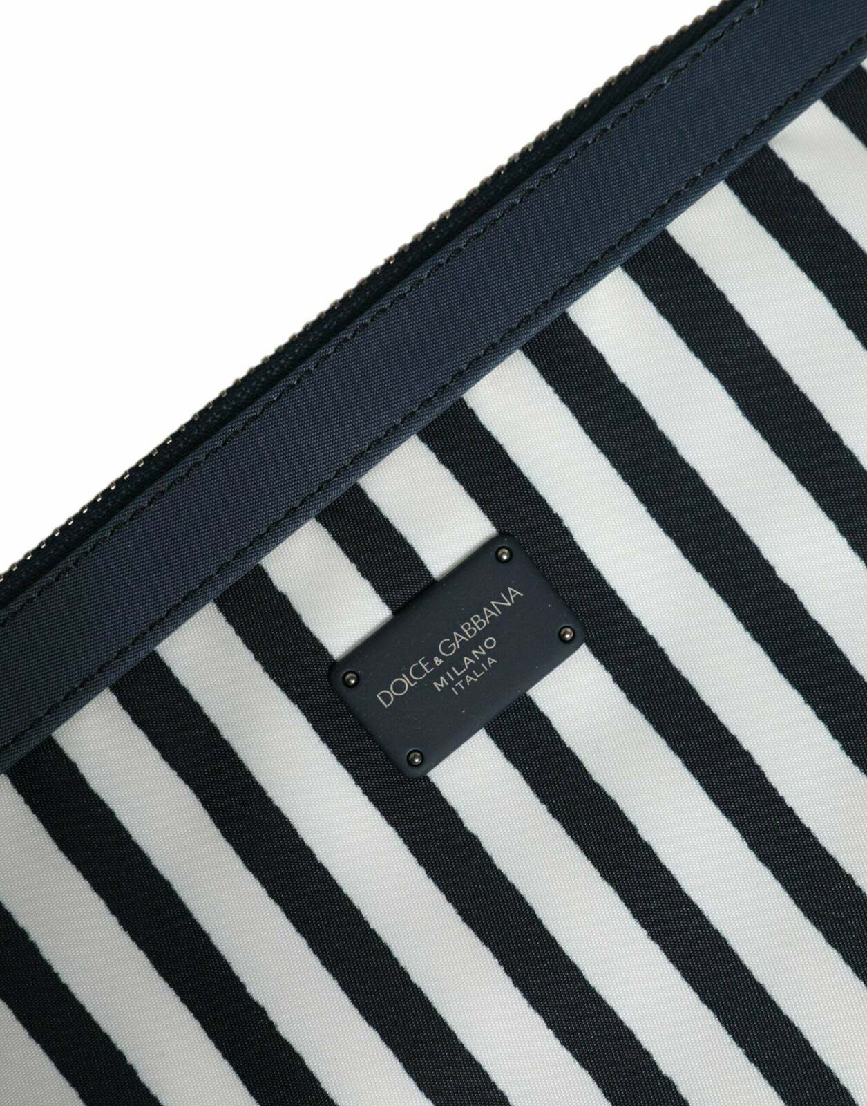 Striped Logo Plaque Clutch Pouch Bag - Black and White / One Size