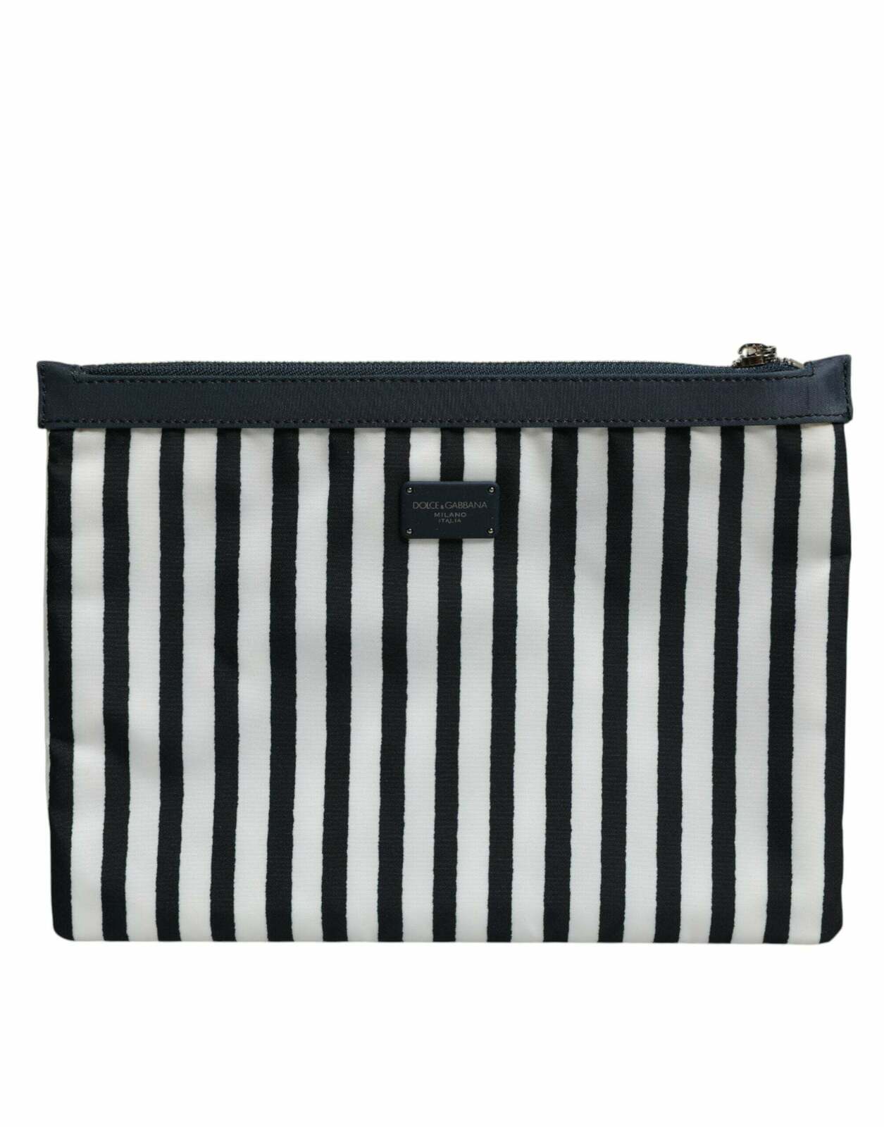 Striped Logo Plaque Clutch Pouch Bag - Black and White / One Size