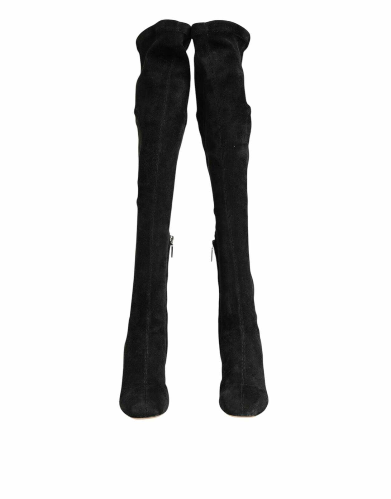 Suede Leather Knee-High Boots with Zipper Closure - Black / 36.5 EU