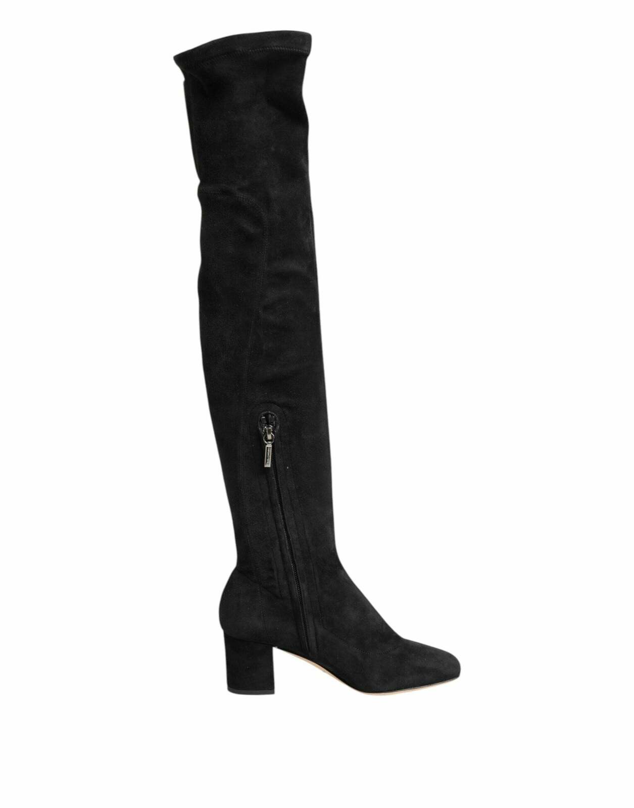 Suede Leather Knee-High Boots with Zipper Closure - Black / 36.5 EU