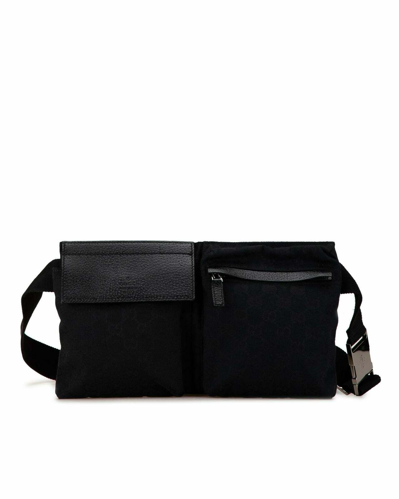 Canvas Double Pocket Belt Bag with Leather Trim - Black / One Size