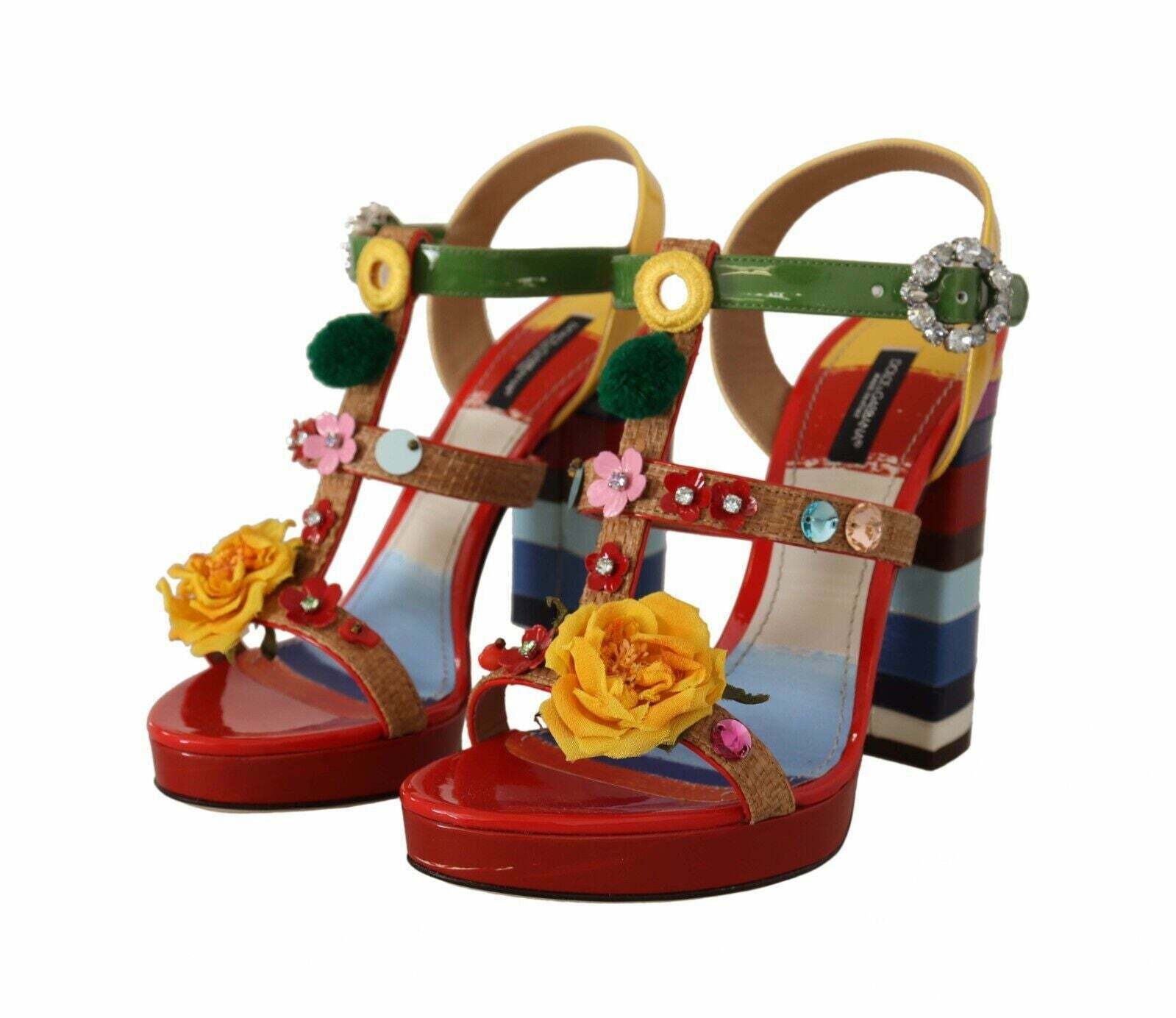 Dolce & Gabbana Floral Embellished Multicolored Leather Sandals - Multicolor / 38.5 EU