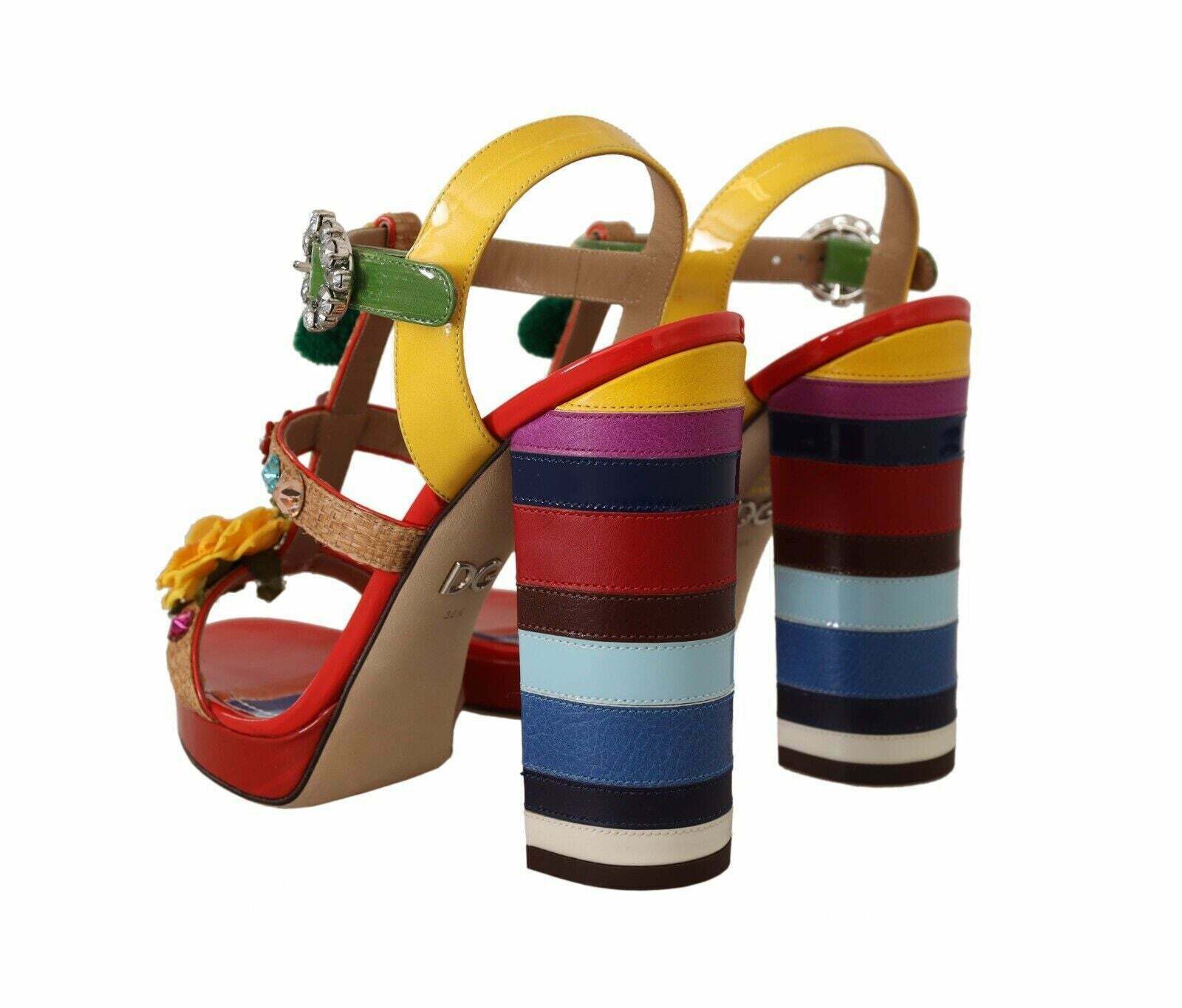 Dolce & Gabbana Floral Embellished Multicolored Leather Sandals - Multicolor / 38.5 EU