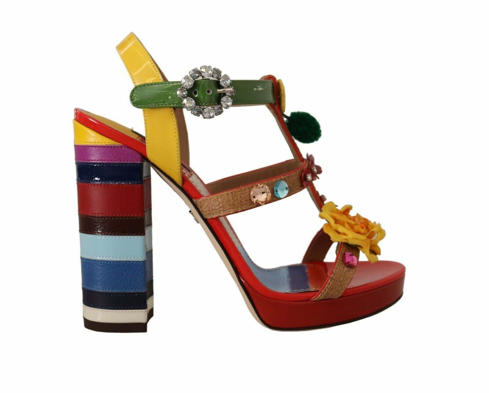 Dolce & Gabbana Floral Embellished Multicolored Leather Sandals - Multicolor / 38.5 EU