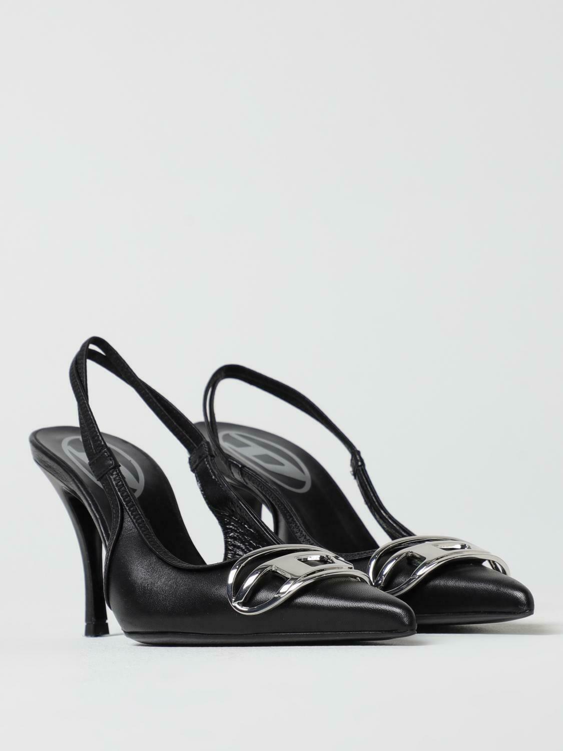 Leather Slingback Heels Pointed Toe - Black / 40 EU