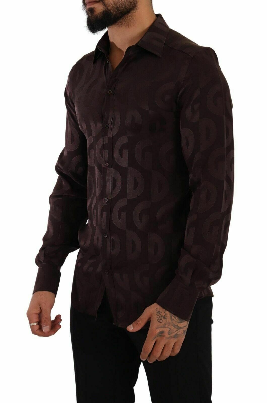 Dolce & Gabbana Men's Allover Logo Silk Shirt - Bordeaux / 40 IT