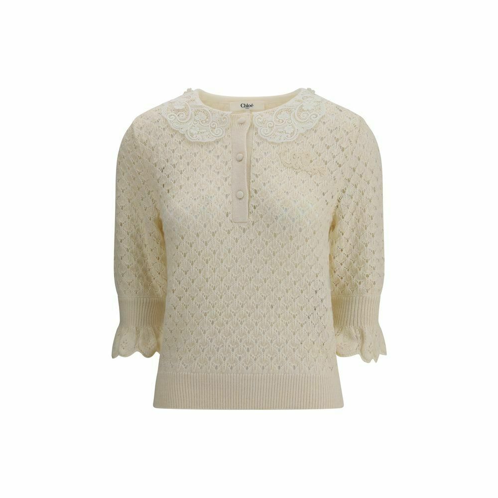 Lace Collar Knit Top - Cream / M