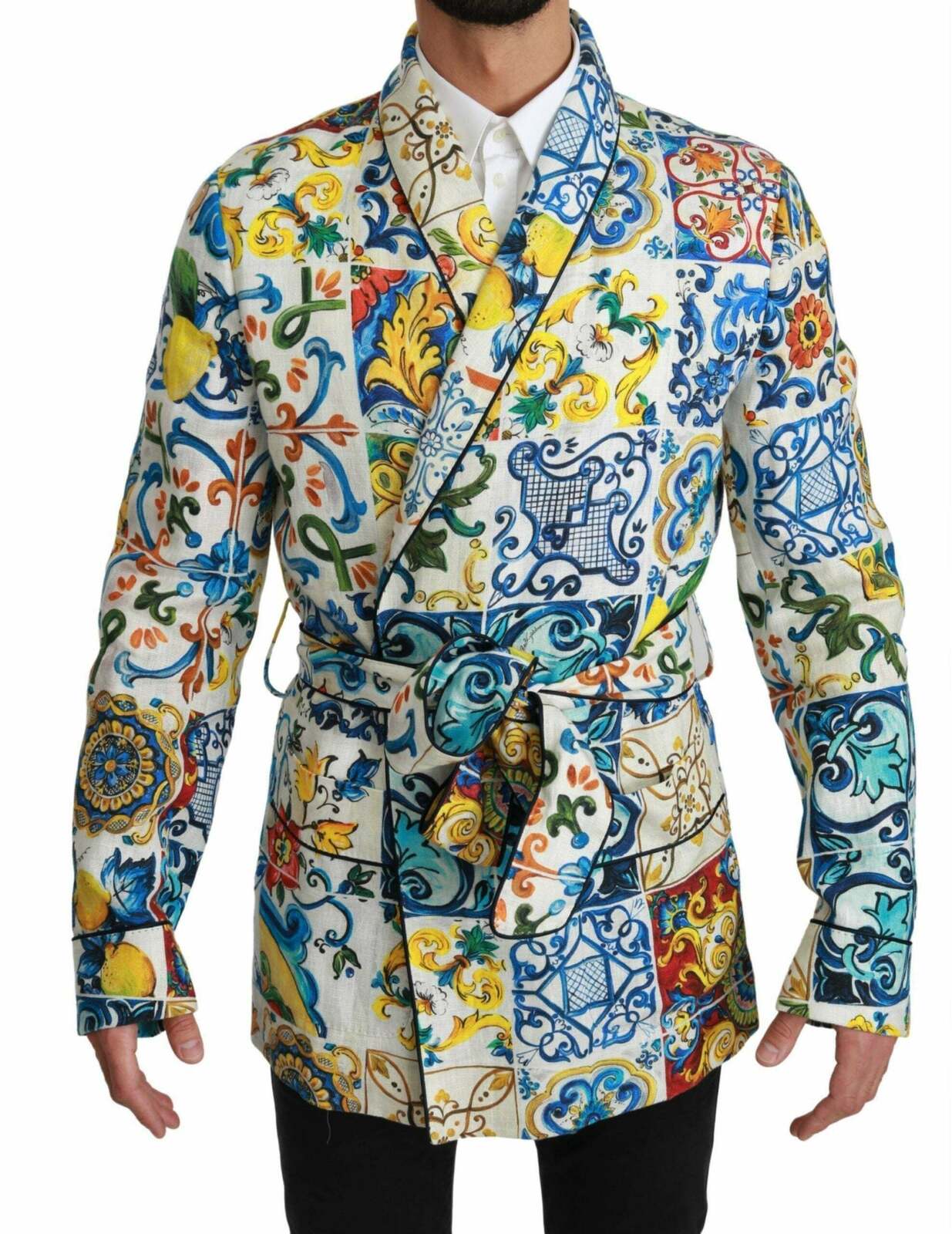 Majolica Linen Robe Coat - Multicolor / 48 IT